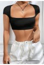 Kadın Siyah Sırt Dekolteli ve Boyundan Bağlamalı Yarım Kol Crop Top Bluz