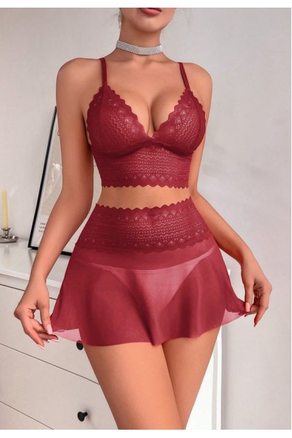 Kadın Bordo Dantel ve Tül Detaylı Etekli Şık Gecelik Takımı