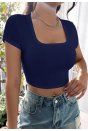 Kadın Lacivert Yarım Kol Düz Yaka Crop Top Bluz