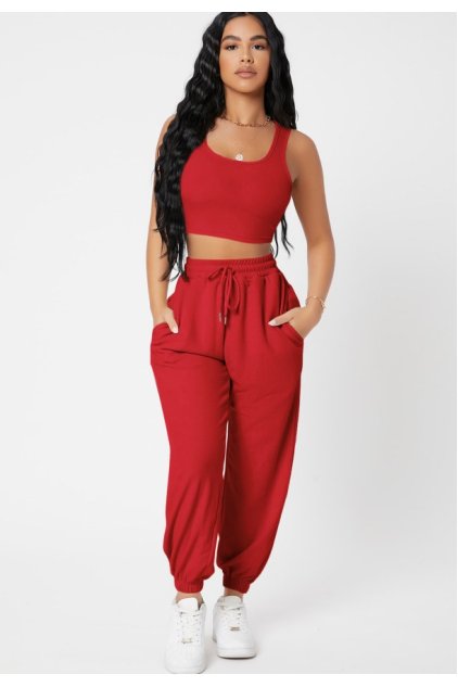 Kadın Kırmızı Kaşkorse Cepli Jogger Eşofman Altı ve Crop Top Bluz