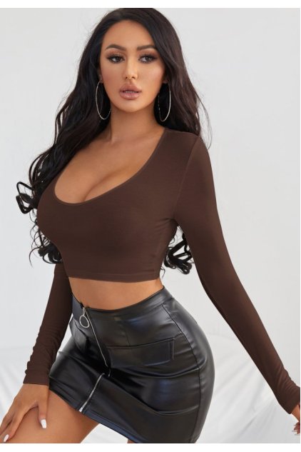 Kadın Kahverengi Uzun Kol Kare Yaka Crop Top Bluz
