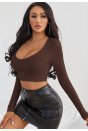 Kadın Kahverengi Uzun Kol Kare Yaka Crop Top Bluz