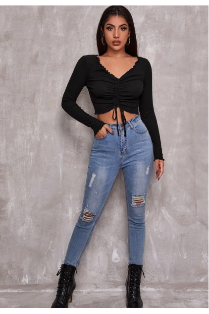Kadın Siyah Uzun Kollu Büzdürme Bağcık Detaylı Crop Top Bluz