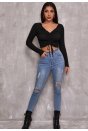 Kadın Siyah Uzun Kollu Büzdürme Bağcık Detaylı Crop Top Bluz