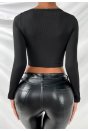 Kadın Siyah Göğüs Dekolteli Çapraz Askılı Uzun Kollu Crop Top Bluz