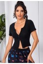 Kadın Siyah Çift Fermuarlı Yarım Kol Crop Top Bluz