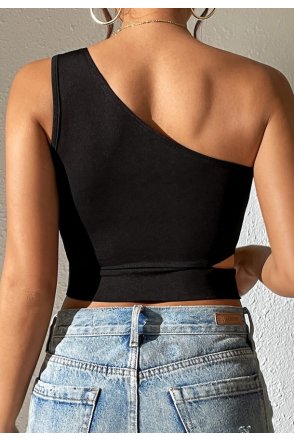 Kadın Siyah Tek Kol Cut Out Göbek Dekolteli Crop Top Bluz