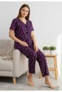 Kadın Mor Kalp Desenli Fiyonklu Kısa Kollu Uzun Pijama Takımı