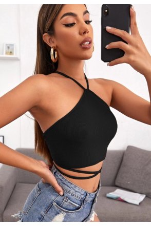 Kadın Siyah Sırtı Açık Boyundan Çapraz Bağlamalı Crop Top Bluz