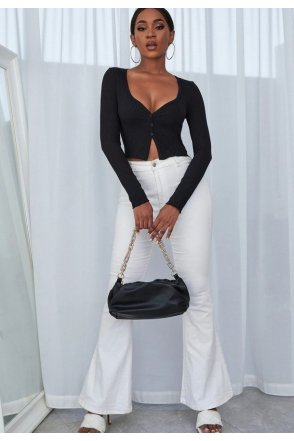 Kadın Siyah Uzun Kollu Düğmeli Göğüs ve Göbek Dekolteli Crop Top Bluz