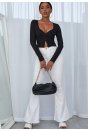 Kadın Siyah Uzun Kollu Düğmeli Göğüs ve Göbek Dekolteli Crop Top Bluz