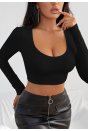 Kadın Siyah Uzun Kol Kare Yaka Crop Top Bluz