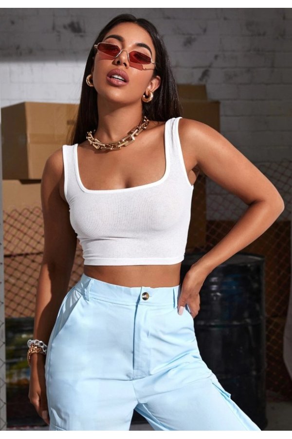 Kadın Beyaz Kalın Askılı Crop Top Büstiyer