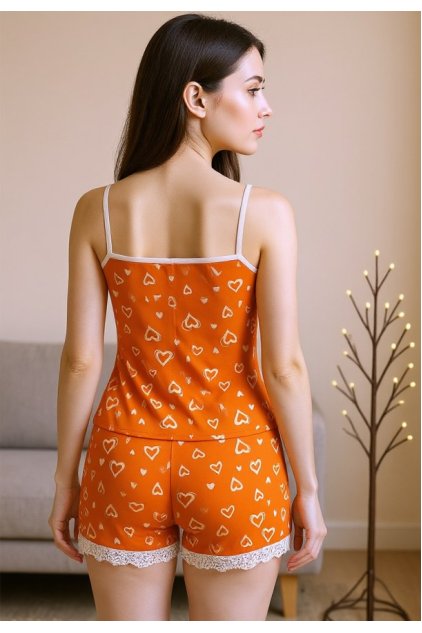 Kadın Turuncu Kalp Desenli Askılı Şortlu Dantelli Pijama Takımı