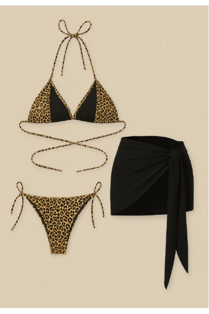 Kadın Siyah ve Leopar Desenli Pareolu 3'lü Bikini Takımı