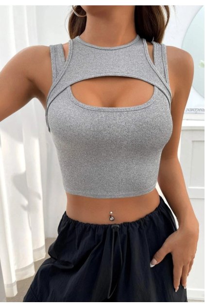 Kadın Gri Kalın Askılı Cut Out Dekolteli Crop Top Bluz