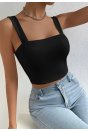 Kadın Siyah Kare Yaka Kalın Askılı Dekolteli Crop Top Bluz