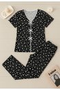 Kadın Siyah Beyaz Kalp Desenli Fiyonklu Kısa Kollu Pijama Takımı