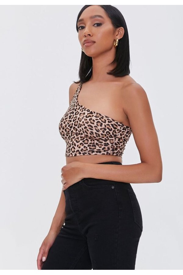Kadın Leopar Desenli Tek Omuz Crop Büstiyer