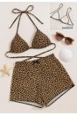 Kadın Leopar Desenli Şortlu Belden ve Boyundan Bağlamalı Bikini Takımı