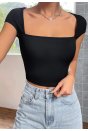 Kadın Siyah Kare Yaka Yarım Kol Göğüs Dekolteli Crop Top Bluz