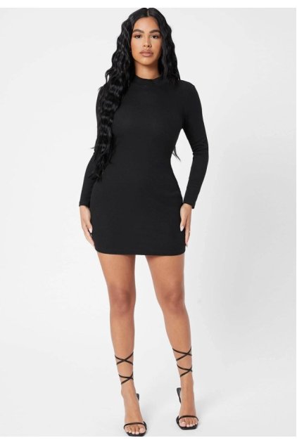 Kadın Siyah Kaşkorse Balıkçı Yaka Uzun Kollu Bodycon Mini Elbise