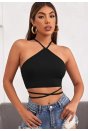 Kadın Siyah Sırtı Açık Boyundan Çapraz Bağlamalı Crop Top Bluz