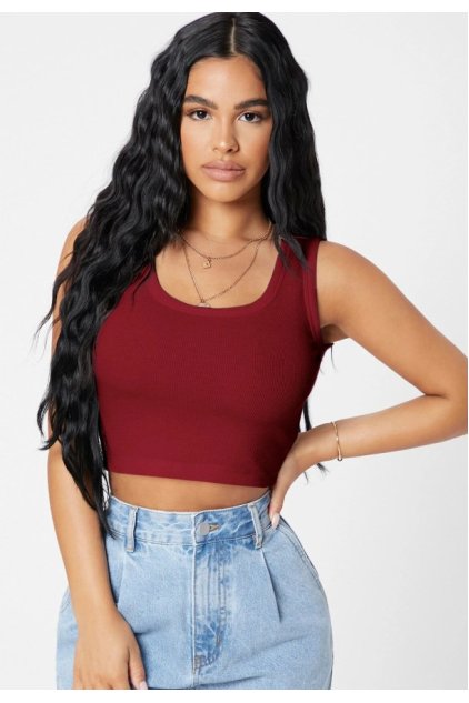 Kadın Bordo Kare Yaka Crop Top Bluz