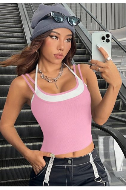 Kadın Pembe Beyaz Çift Renk Çapraz Askılı Crop Top Bluz