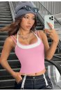 Kadın Pembe Beyaz Çift Renk Çapraz Askılı Crop Top Bluz