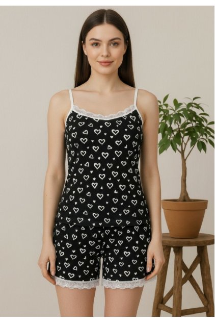 Kadın Siyah Kalp Desenli Askılı Şortlu Dantelli Pijama Takımı
