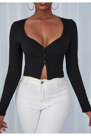 Kadın Siyah Uzun Kollu Düğmeli Göğüs ve Göbek Dekolteli Crop Top Bluz