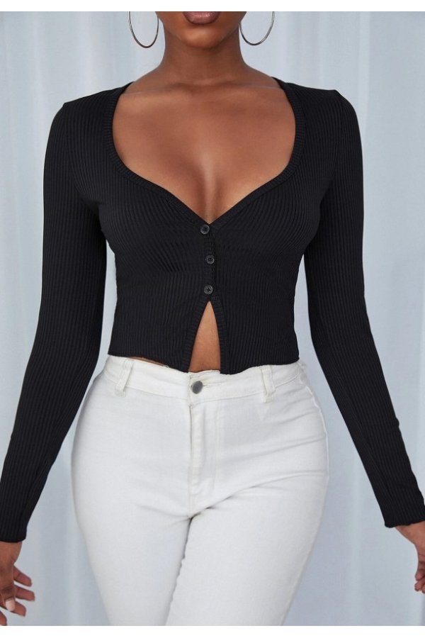 Kadın Siyah Uzun Kollu Düğmeli Göğüs ve Göbek Dekolteli Crop Top Bluz