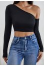 Kadın Siyah Tek Omuz Detaylı Uzun Kol Crop Top Bluz