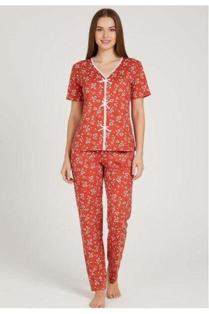 Kadın Turuncu Kalp Desenli Fiyonklu Kısa Kollu Uzun Pijama Takımı