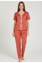 Kadın Turuncu Kalp Desenli Fiyonklu Kısa Kollu Uzun Pijama Takımı