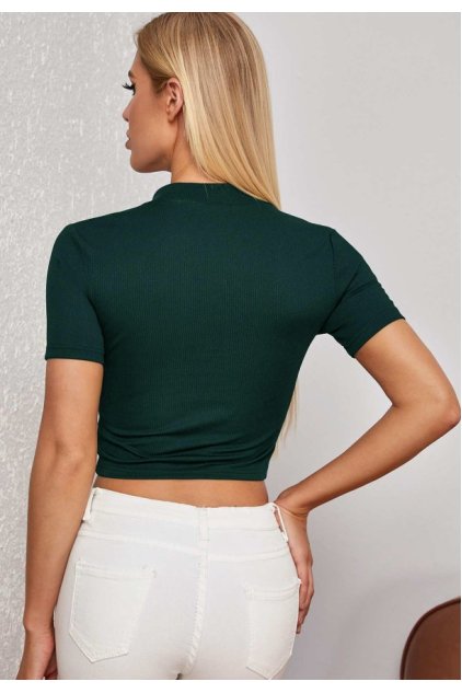 Kadın Yeşil Yarım Fermuarlı ve Kısa Kollu Crop Top Bluz