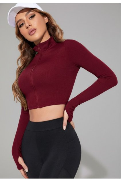 Kadın Bordo Uzun Kol Fermuarlı Parmak Geçme Detaylı Dik Yaka Crop Top Bluz