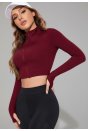 Kadın Bordo Uzun Kol Fermuarlı Parmak Geçme Detaylı Dik Yaka Crop Top Bluz