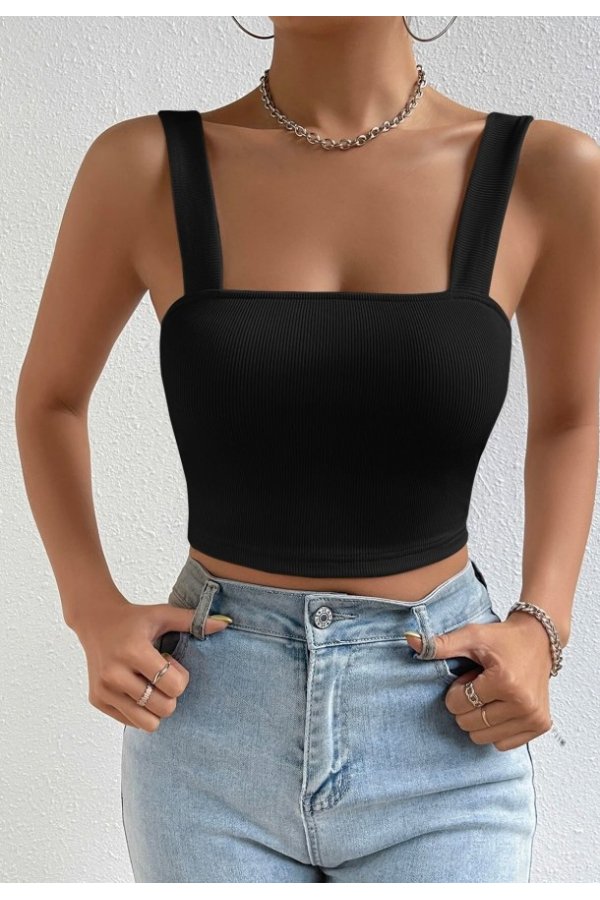 Kadın Siyah Kare Yaka Kalın Askılı Dekolteli Crop Top Bluz