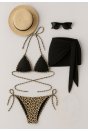 Kadın Siyah ve Leopar Desenli Pareolu 3'lü Bikini Takımı