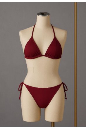 Kadın Bordo Yandan ve Boyundan Bağlamalı Bikini Mayo Takımı