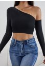 Kadın Siyah Tek Omuz Detaylı Uzun Kol Crop Top Bluz