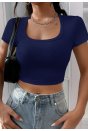 Kadın Lacivert Yarım Kol Düz Yaka Crop Top Bluz