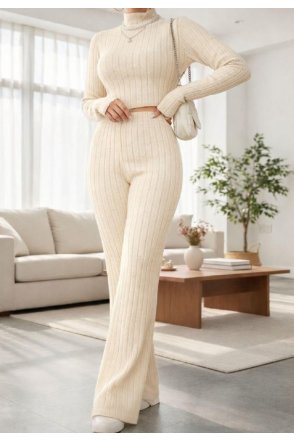 Kadın Ekru Çizgili Boğazlı Crop Top ve Yüksek Bel Eşofman Takımı Spor Şık Kombin