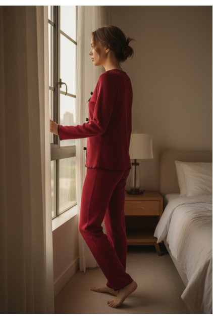 Kadın Bordo Fiyonklu İç Çamaşırı ve Uzun Kollu V Yaka Pijama Takımı 4'lü Set