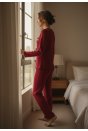 Kadın Bordo Fiyonklu İç Çamaşırı ve Uzun Kollu V Yaka Pijama Takımı 4'lü Set