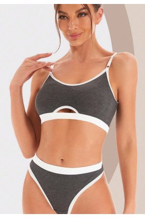 Kadın Gri Antrasit Kaşkorse ve Beyaz Lastikli Cut-Out Tanga Külotlu Takım