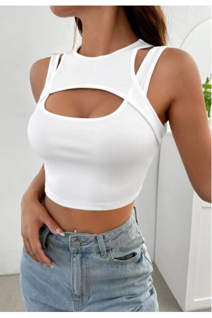 Kadın Beyaz Kalın Askılı Cut Out Dekolteli Crop Top Bluz