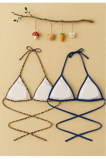 Kadın Leopar Desenli ve Mavi Minimal Kesim Üçgen Bikini Üstü